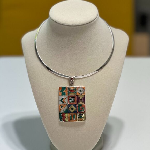 Peruvian 950 Sterling Silver Pendant | Rectangular Mosaic Inlay | Natural Stones - Picture 3 of 12